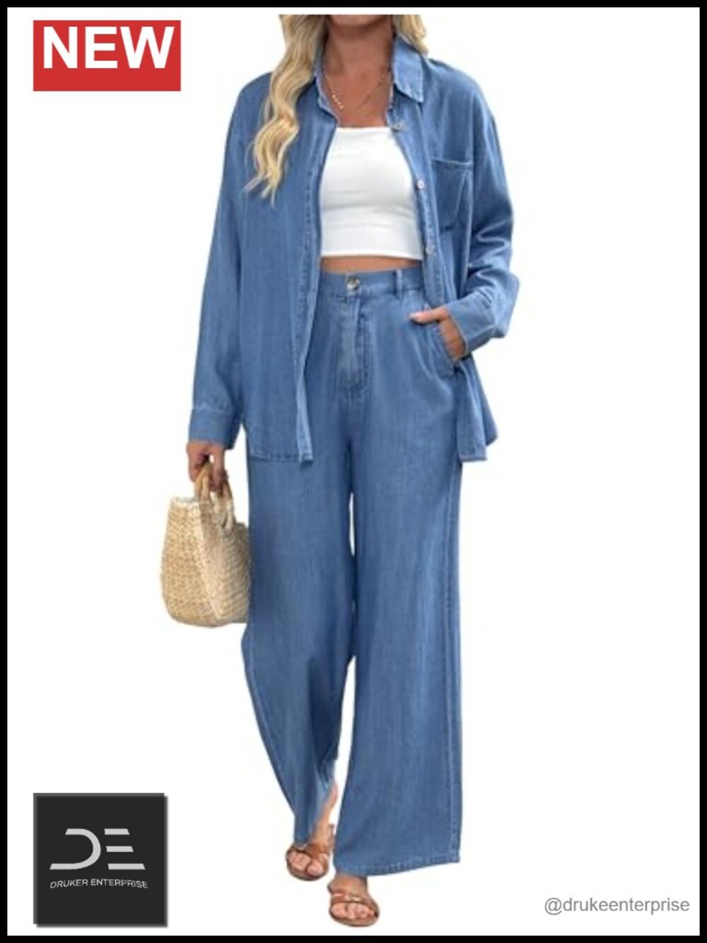 Women's Denim 2 Piece Matching Set Button Down Long Sleeve Blouse Wide Leg